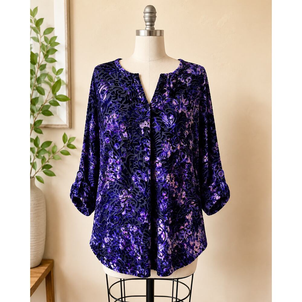 Roz & Ali Purple Velvet Burnout Top XL Floral Sheer Roll Tab Sleeve